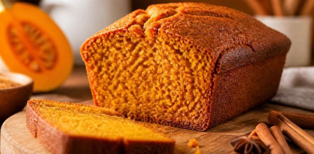 Bizcocho de calabaza asada recién cortado sobre una tabla